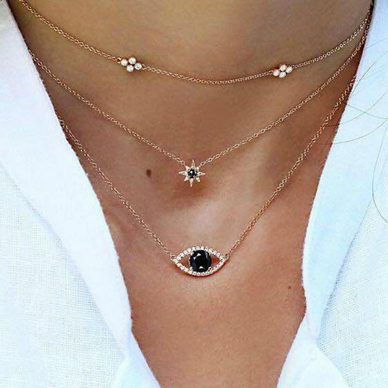 Chokers Charm Crystal Evil Eye Multi Layer Gold Chain Sun And Flowers Choker Layering Necklace Women Dainty Delicate Jewelry Gifts
