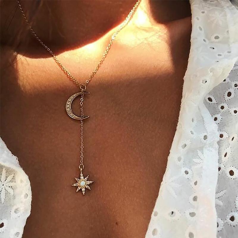 Chokers Delicate Cubic Zirconia Crystal Moon Star Necklace Simple And Dainty Gold Silver Chain Jewelry Gifts Long Y