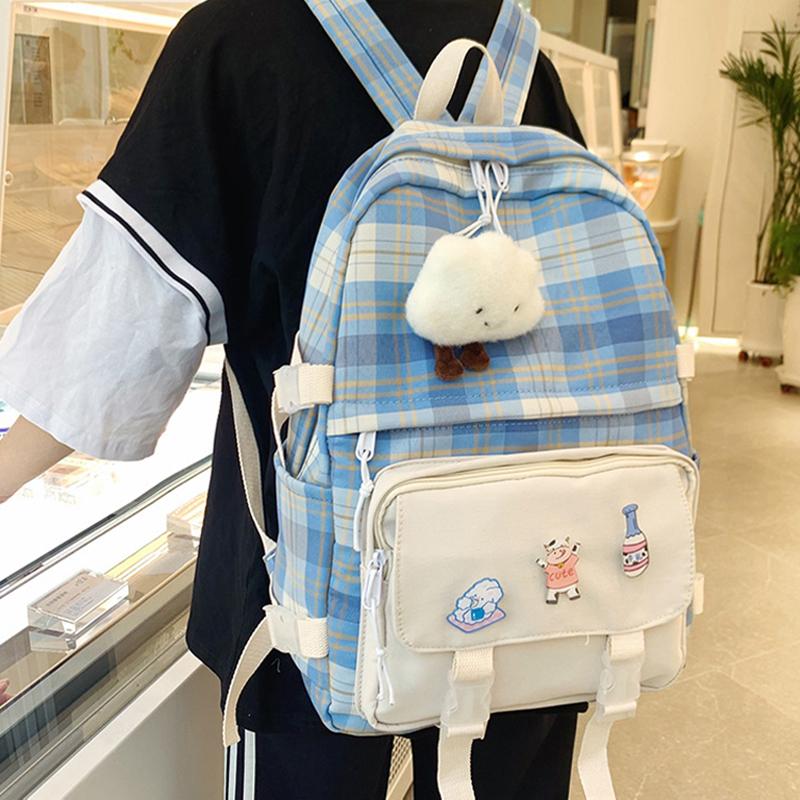 School Bags Women Backpack Student Lattice Harajuku Bag For Teenagers Girls College Style Canvas Backpacks Female Rucksack