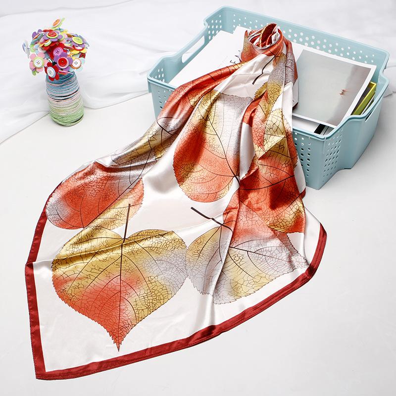 Scarves 90CM 2021 Fashion Female Square Silk Scarf Large Leaf Print Shawl Wrap Muffler Pareo Bandanna