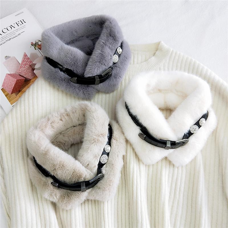 Scarves Winter Plush Neck Warmer Imitation Fur Faux Loop Scarf Leather Belt Buckle Thicken Collar Shawl Solid Color