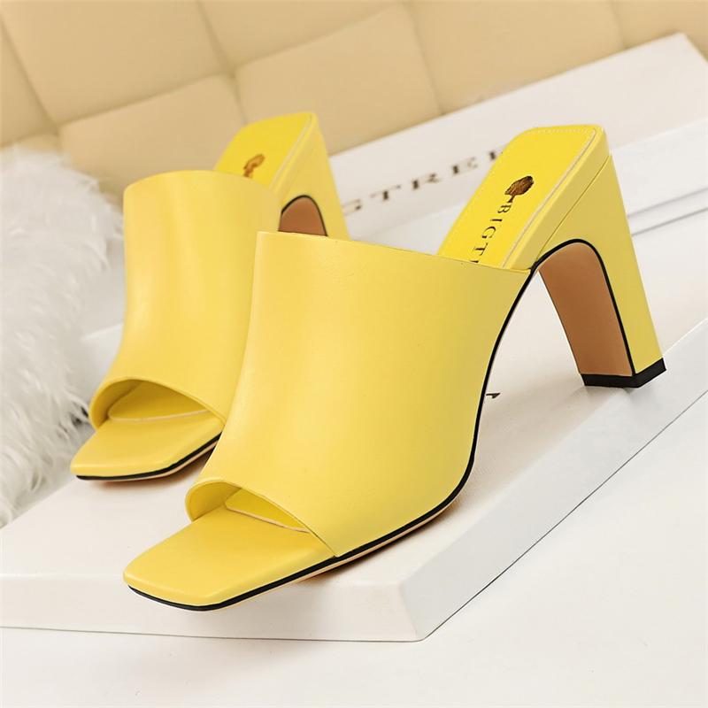 Slippers 2021 Sweet Women Candy Color Yellow Blue White Heels Slides Mules Female Block High Lady Peep Toe Plus Size Shoes