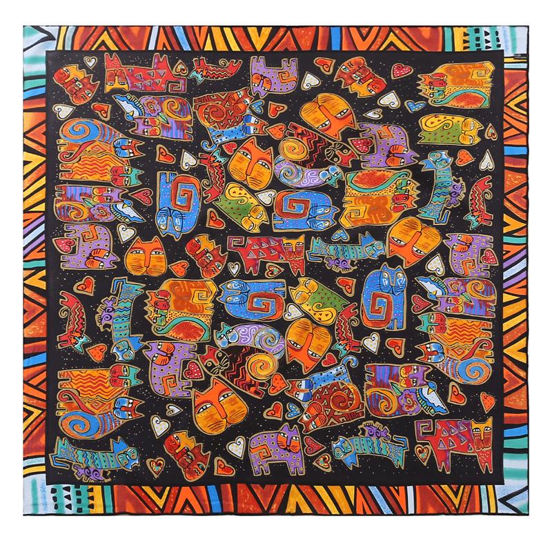 Scarves 100% Mulberry Silk Square Women Cartoon Cat Print Crepe Satin Plain Scarf Lady Soft Light Luxury Bandana 88*88 Cm