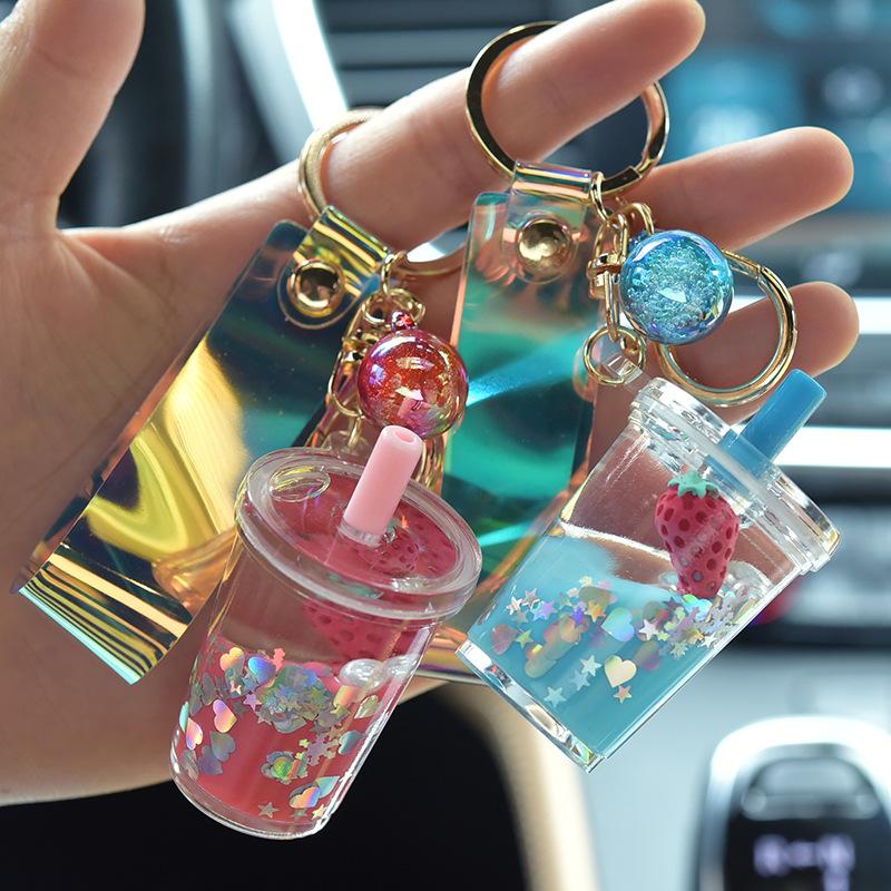 Keychains Bubble Keychain Creative Milk Tea Cup Liquid Crystal Quicksand Sequin KeyRing Bag Pendant For Women Key Chain