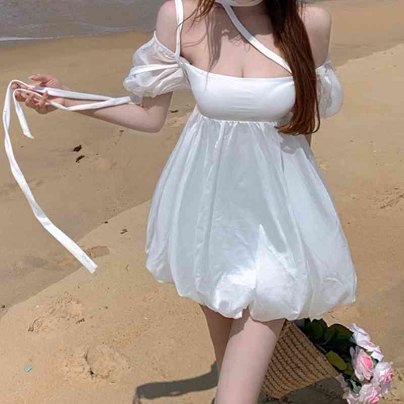 Casual Dresses Women Vintage Short Puff Sleeve White Mini Dress Off Shoulder Retro Classic Slim Bubble 2021 Summer Beach Party Ves