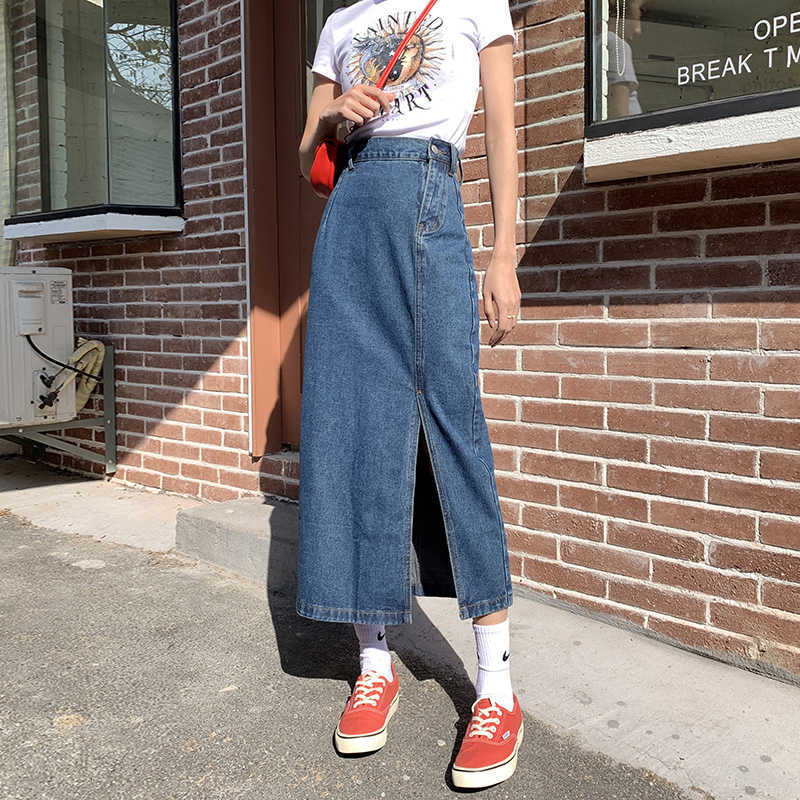 Skirts Vintage Denim Jeans Women Korean High Waist Split Long Midi Bodycorn Pencil Skirt Harajuku Pockets Plus Size Z372 EH9F
