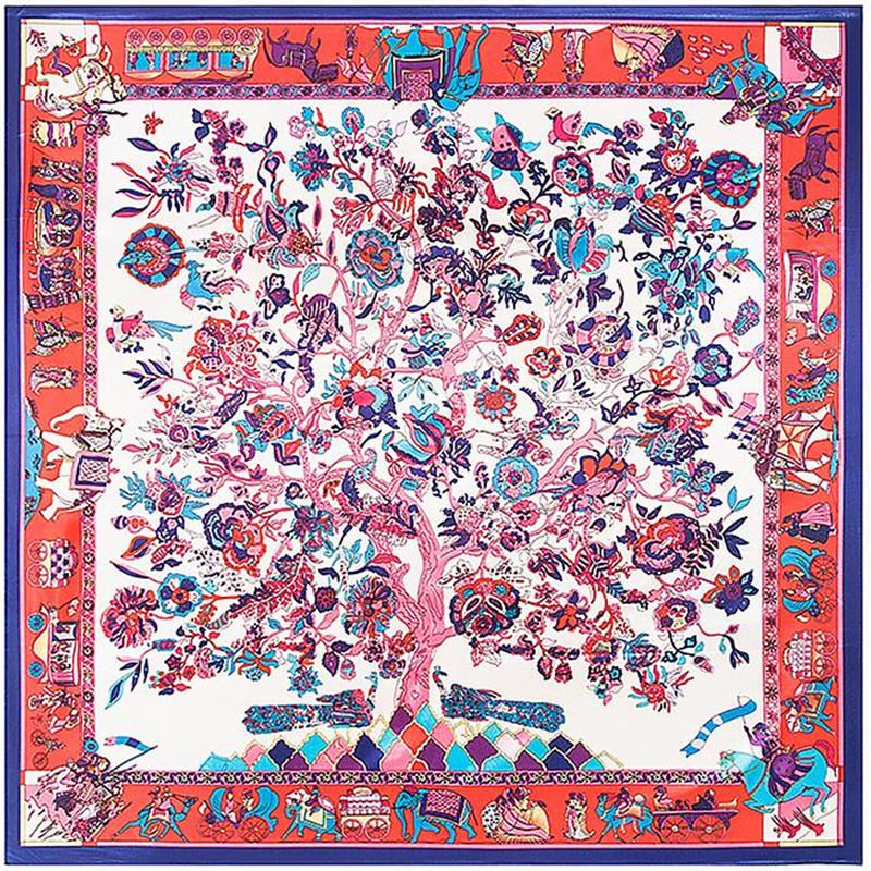Scarves Spring 90x90cm Fortune Tree Elephant Pattern Small Square Silk Scarf Women NeckerChief Large Office Lady Gift