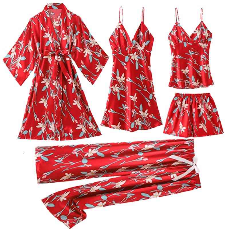 Women&#039;s Sleepwear Flower Satin Female 5PCS Pajamas Suit With Breast Pads Printed Kimono Robe Summer Gown Ice Silk Intimate Lingeri