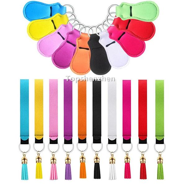 Solid Color Neoprene Chapstick Holder Set Party Supplies Keychain Lipstick Holders Sleeve Cover Pouch Wristlet Keychains With Tassel Pendant