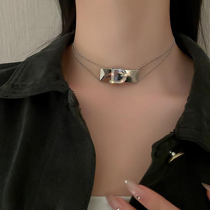 Chokers Cubic Zirconia Letter D Geometric Pendant Necklaces Double Layers Chains Choker Necklace For Women Men Party Hip Hop Jewelry