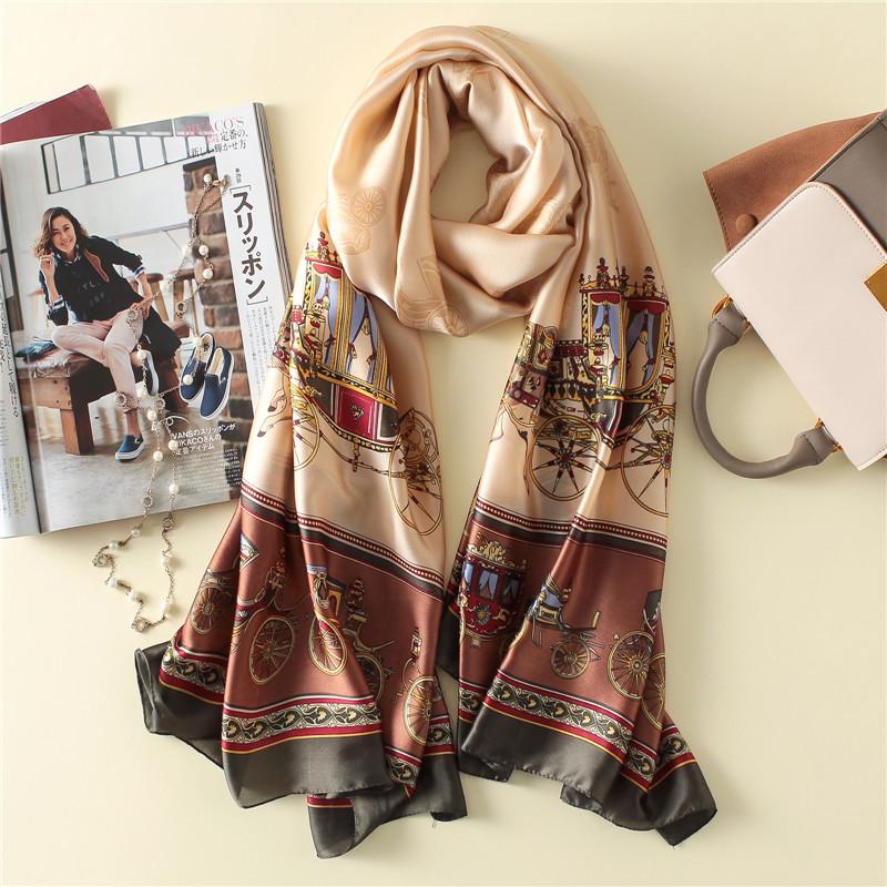 Scarves Women Imitation Silk Scarf Carriage Print Shawls Elegant Office Lady Wraps Female Headscarf Beach Towel Beautiful Gift 90x180cm