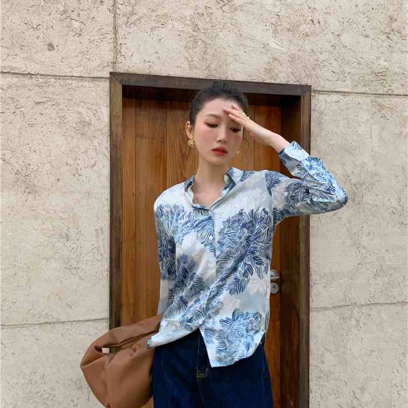 Women&#039;s Two Piece Pants Floral Print Long Sleeve Button Up Silk Shirt Women 2021 Fashion Collar Tops And Blouses Desinger Ladies T