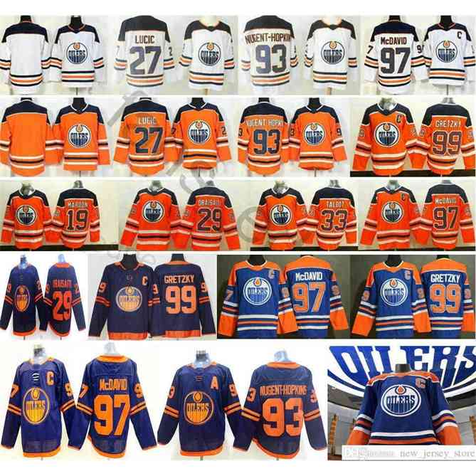 96 Men Women Kids Edmonton Oilers Leon Draisaitl Ryan Nugent-Hopkins Wayne Gretzky 97 McDavid Blue White Orange Ice Hockey Jerseys
