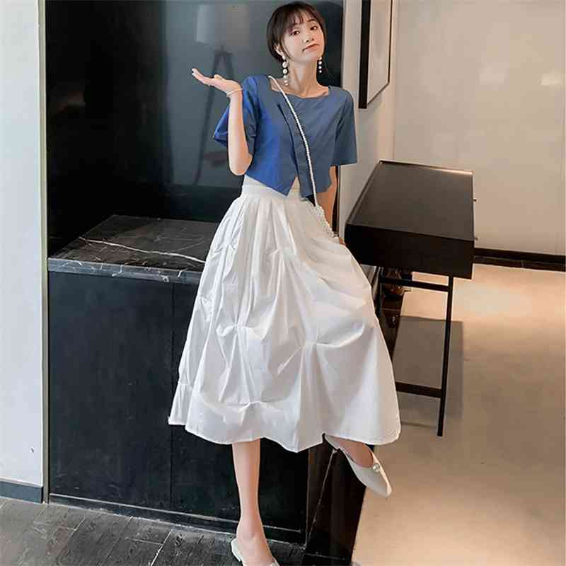 Skirts Summer Elegant High Waist Folds Cotton White Midi Skirt Women Korean Fashion A-Line Calf-Length Woman Ladies Clothes NQTK