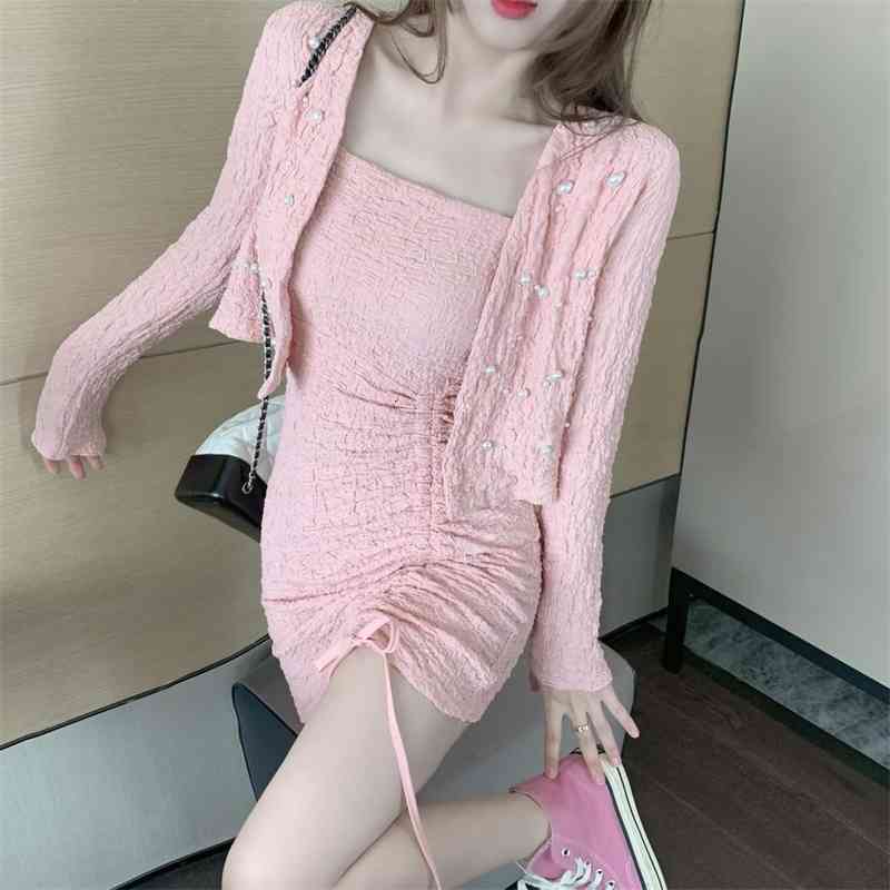 Casual Dresses s han edition design feeling nail bead knitting cardigan pure color skirt with shoulder-straps two-piece KLGX