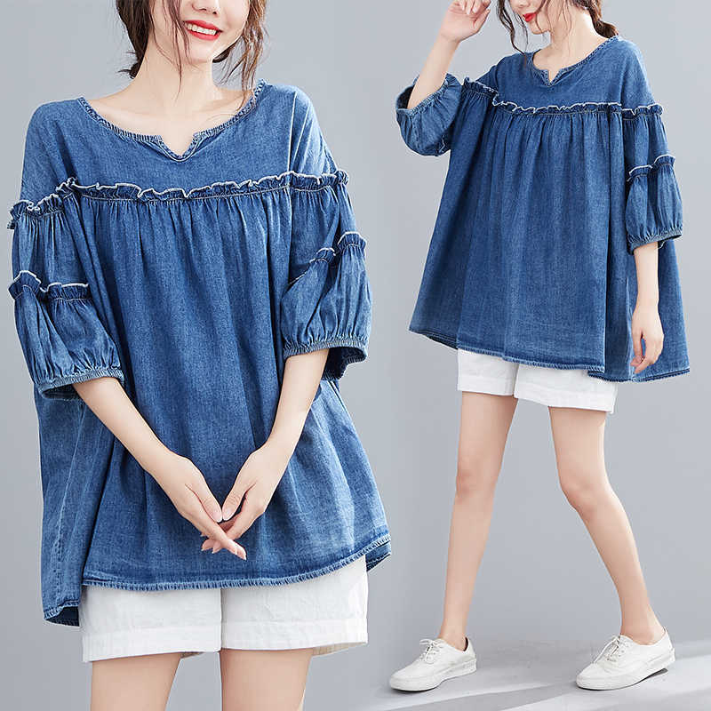Women&#039;s Blouses & Shirts Plus Size Blouse Women Summer Tops Japanese Literary Casual Mori Girl Frilly Sleeve Denim topjes dames CE