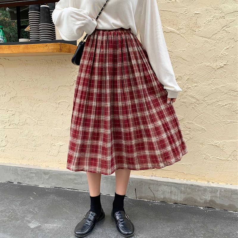 Skirts Spring Summer Women Midi Long Plaid Vintage Preppy Style Teen Girls Elastic High Waist A-Line Pleated Skirt H8XQ