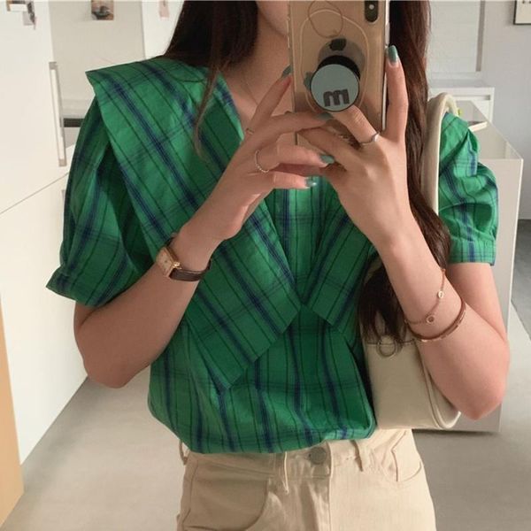 Women&#039;s Blouses & Shirts Alien Kitty Preppy Style Retro Pullovers Short Sleeves Sweet Elegant 2021 OL Korean Slim-Fit All Match Fashion