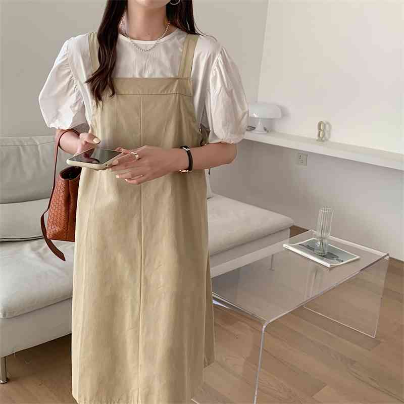 Casual Dresses 2021 Loose Sweet Puff Sleeves Minimalist Blouses+ Overalls Summer Prom Lady Chic Two Piece Suits Sets Q7EN