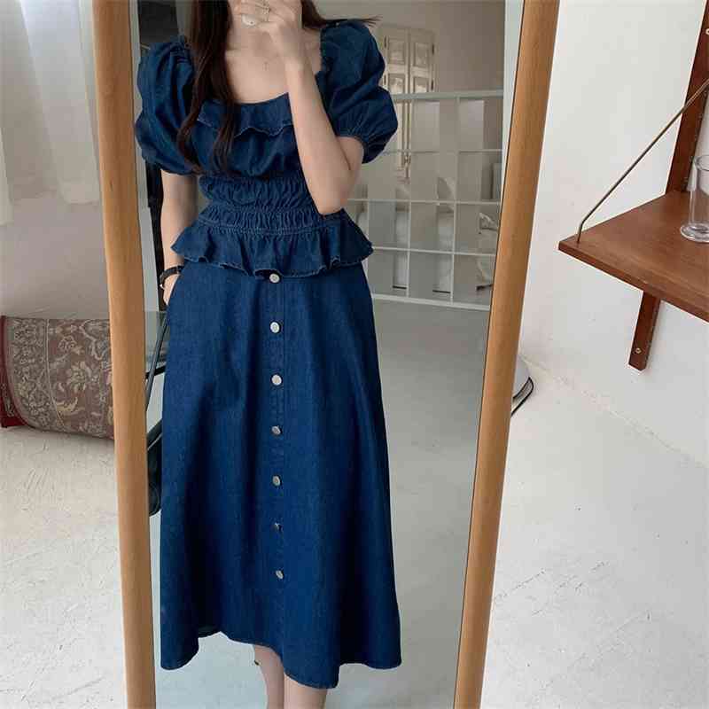 Casual Dresses Sweet Summer Ruffles Denim Vintage 2021 Plus Size Blouses+ A-line Loose Slim Femme Skirts All Match Two Piece Sets