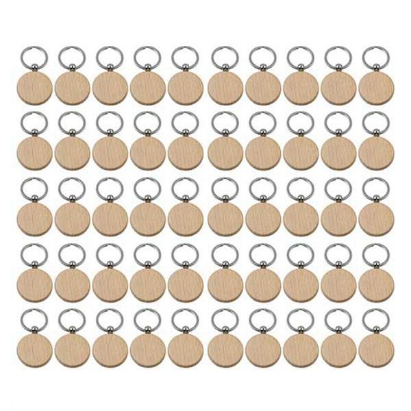 Keychains 50Pcs Blank Round Wooden Key Chain Diy Wood Tags Can Engrave Gifts