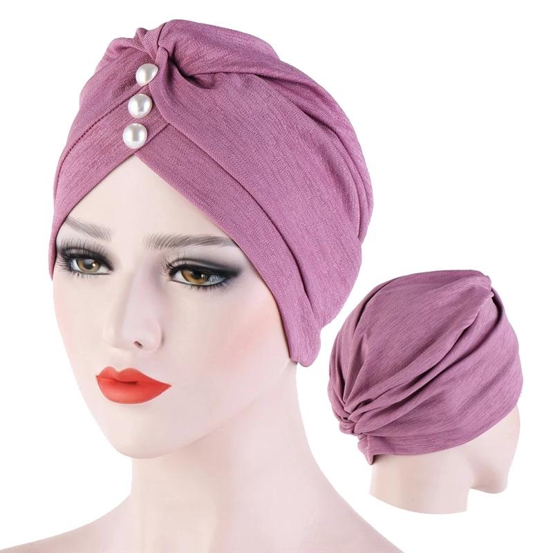 Scarves Fashion Solid Color Inner Hijab For Women Forehead Cross Crinkled Muslim Turban Caps With Pearl Islamic Wrap Bonnet