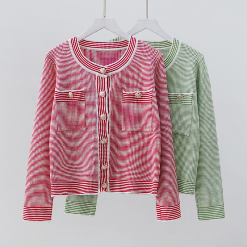 Casual Dresses Spring Summer Short Sweater Cardigan Women Single Breasted Fashion Pink Green Striped Knitting Tops High Street Vin