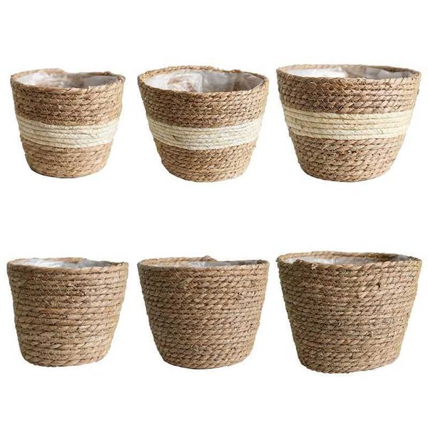 Nordic Handmade Straw Storage Basket Indoor Outdoor Flower Pot Plant Container Home Living Room Bedroom Decoration 210615