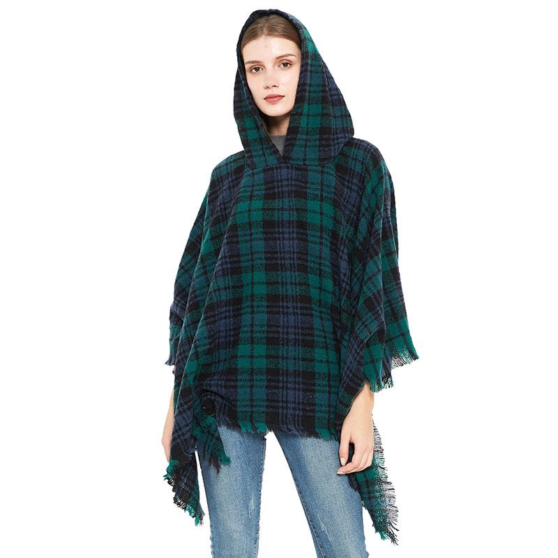 Scarves Spring Autumn Winter Christmas Green Checked Shawl Tassels Circle Yarn Fringed Plaid Hooded Cloak Cape Poncho Pashmina Wrap Tops