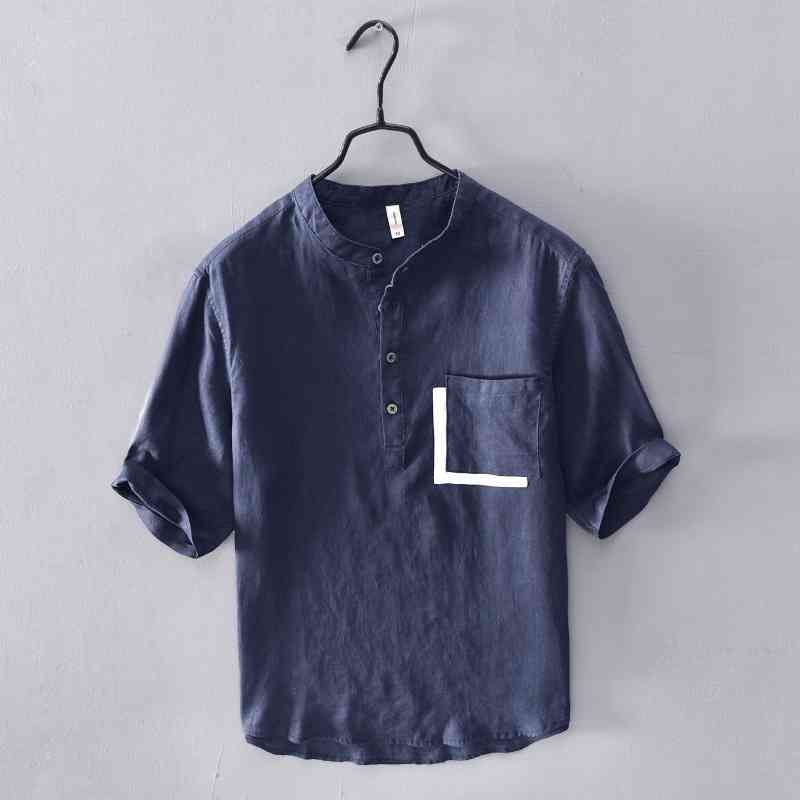 Stand collar short sleeve men&#039;s summer light casual top youth loose cotton linen shirt