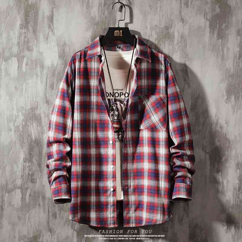 Autumn Youth Net red dark Plaid Long Sleeve Shirt Men&#039;s casual trend large size top