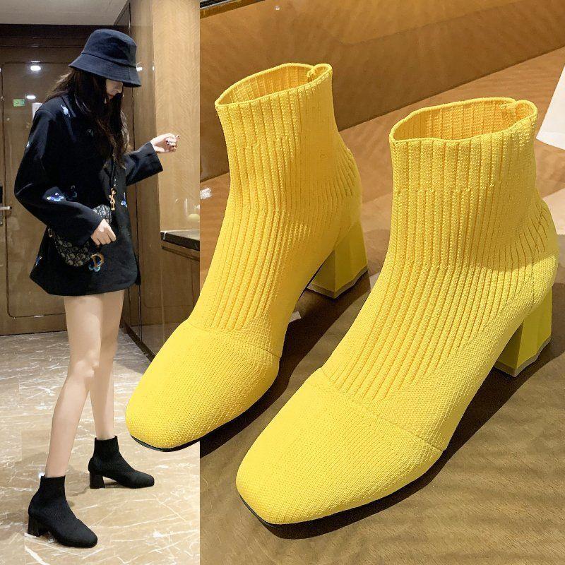 Boots Autumn Stretch Fabrics Sock For Women Fashion 5.5 CM Square Heel Knitting Elastic Shoes Lady Footwear Yellow Black White