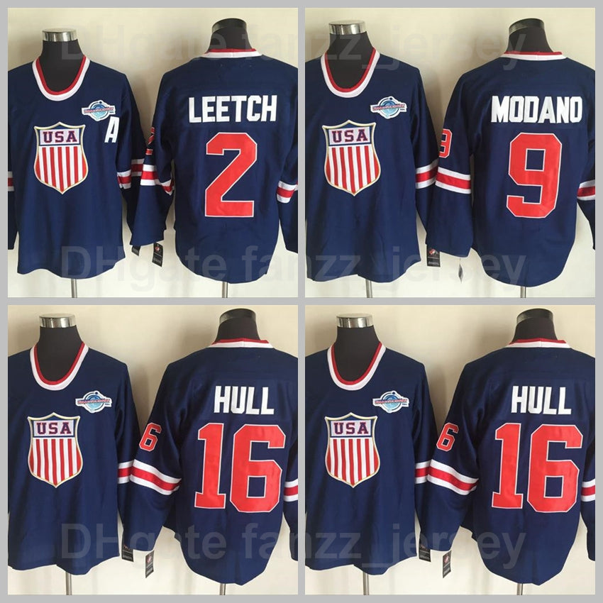 2002 Team USA Ice Hockey Vintage Classic 16 Brett Hull Jersey Retro 2 Brian Leetch 9 Mike Modano Navy Blue Color Stitching
