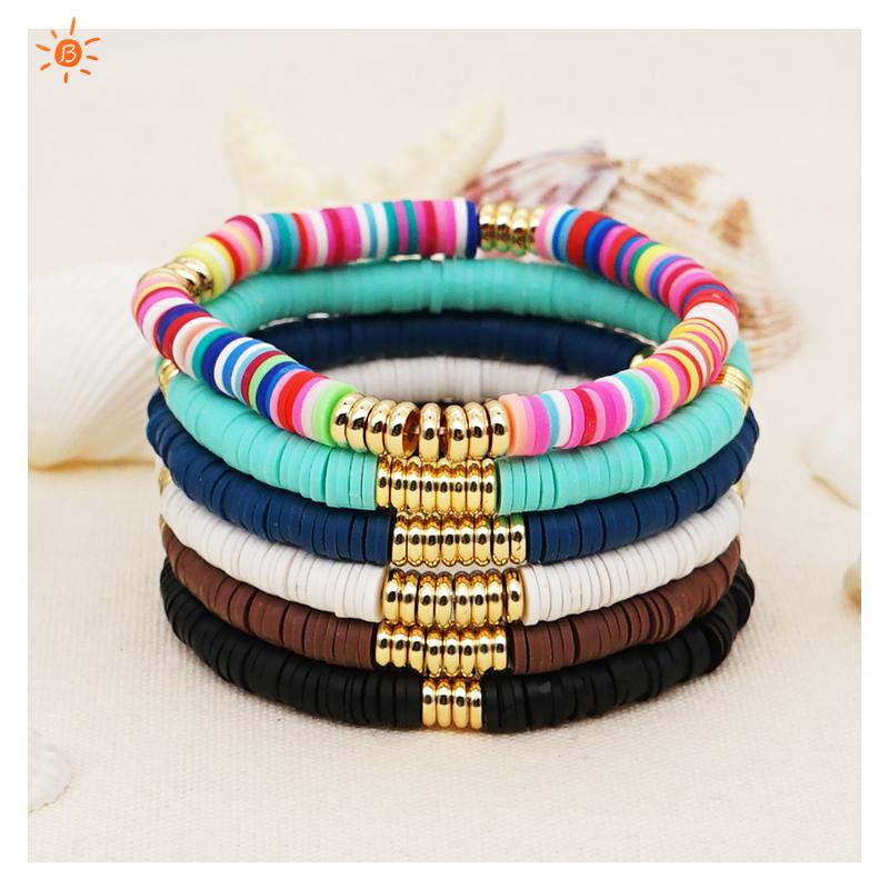 Beaded, Strands BLIN Fashion Golden Stainless Steel Round Sheet Color Soft Pottery Strand Bracelets Ethnic Bohemian Women Beaded Bracelet