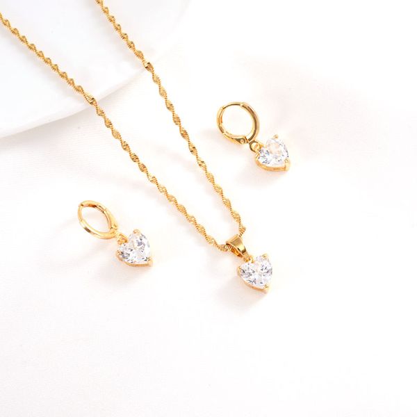 White Rhinestones Love Heart Pendant Fine Solid 9k Gold CZ Necklace Earrings Set Costume Jewellery
