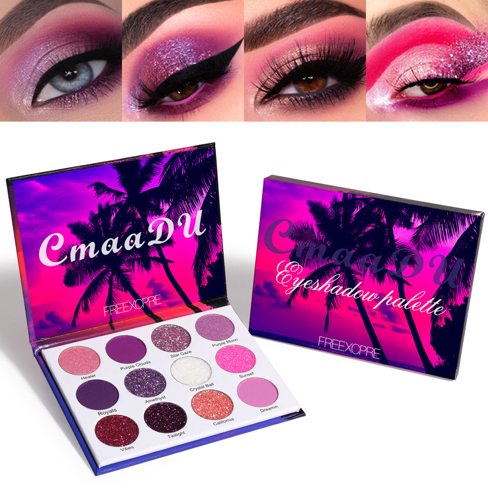 12 Colorss Bright Glitter Eyeshadow Palette Natural High Pigmented Purples Pink Makeup Colorful Vibrant Make Up Pallets Kit (12 Colors Purple)