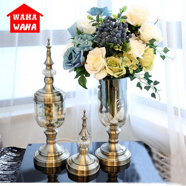 European Retro Glass Vase Metal Alloy Gold Vase Modern Table Creative Home Decorative Artificial Flower Bottle for Wedding 210623