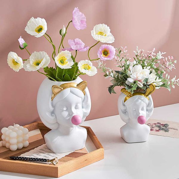 Nodic Resin Antlers Girl Vase Simple Style Human Face Vase Decoration Living Room Bedroom Flower Arrangement Dried Flower Home 210623