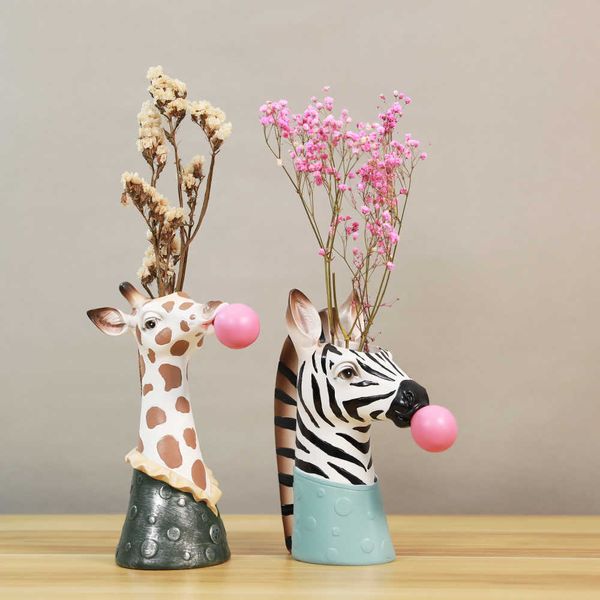 Resin Succulent Plants Flower Planter Plant Pot Vases Basket Cartoon Animal Head Sculpture Zebra Giraffe Statue Home Decoration 210623
