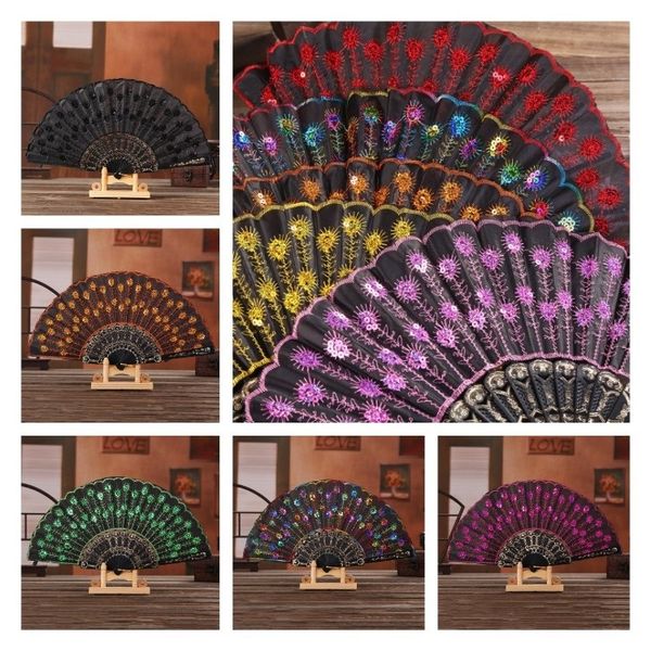 Party Favor Black stick plastic Sequin embroidery fan Easy to carry dance folding fan gift 11 style Party Supplies T2I52298