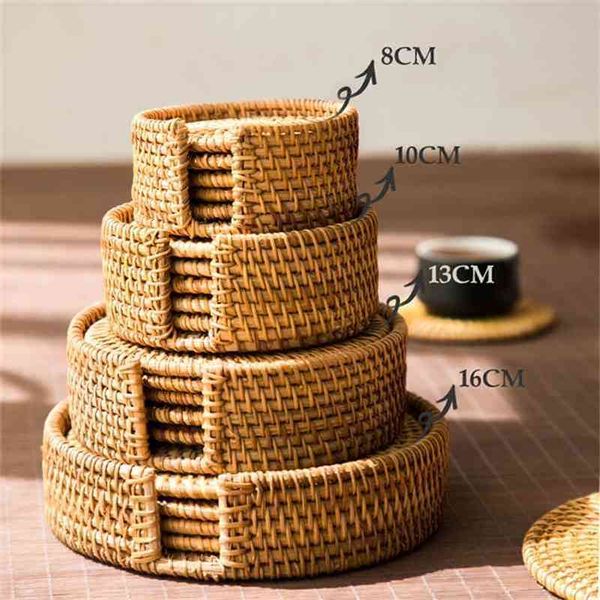 6 Pcs Woven Rattan Coasters Placemats Handcrafted Heat-insulating Coffee Drink Cup Table Mats with Storage Holder for Home Decor 210706