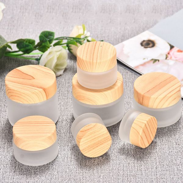 Frosted Glass Jar Cream Bottles Round Cosmetic Jars Hand Face Packing Bottles 5g 50g Jars With Wood Grain Cover DH122