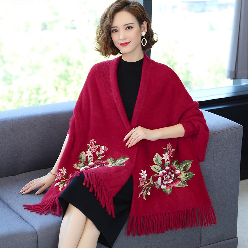 Scarves Chinese Style Winter Embroidered Poncho With Sleeves Black Shawls And Wraps Women&#039;s Cape Knit Scarf Mujer Cashmere Pashmina