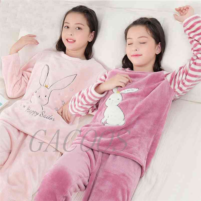 Boys Girls Clothes Pajamas Set Flannel Fleece Warm Catoon Sleepwear Teen Home Suit Winter Fall Spring 6 8 10 12 14Y Pyjamas Kids 210728