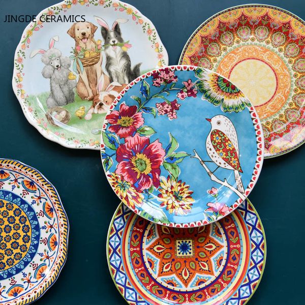 9 Inches Country Style Ceramic Food Pottery Tray Salad Dishes Dinnerware Home Decor Kitchen Dinner Plates