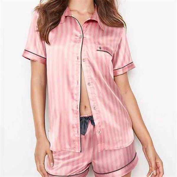 Pink 2 Piece&#039;s Pajamas Sets Faux Silk Striped Pyjama Sleepwear Spring Summer Homewear 210809