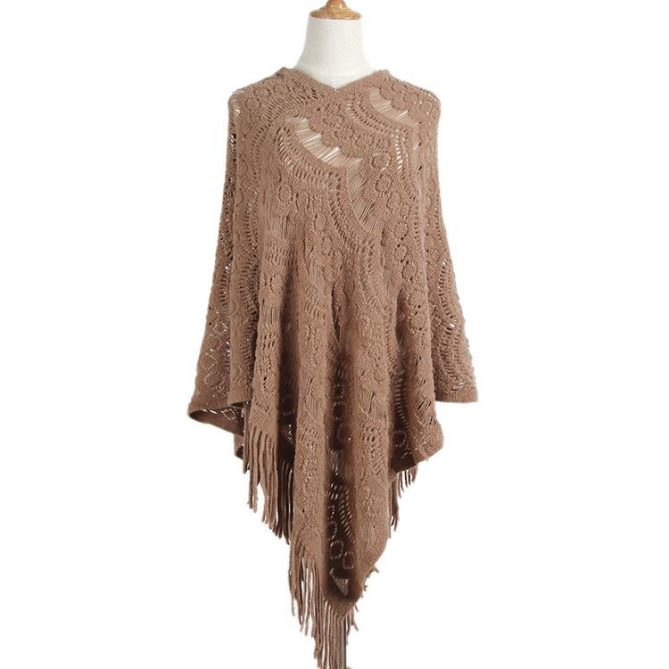 Scarves 2021 Tassel Poncho Women Lace Up Knitted Coat Winter Solid Fashion Geometric Thick Warm Long Ponchos And Capes Big Size