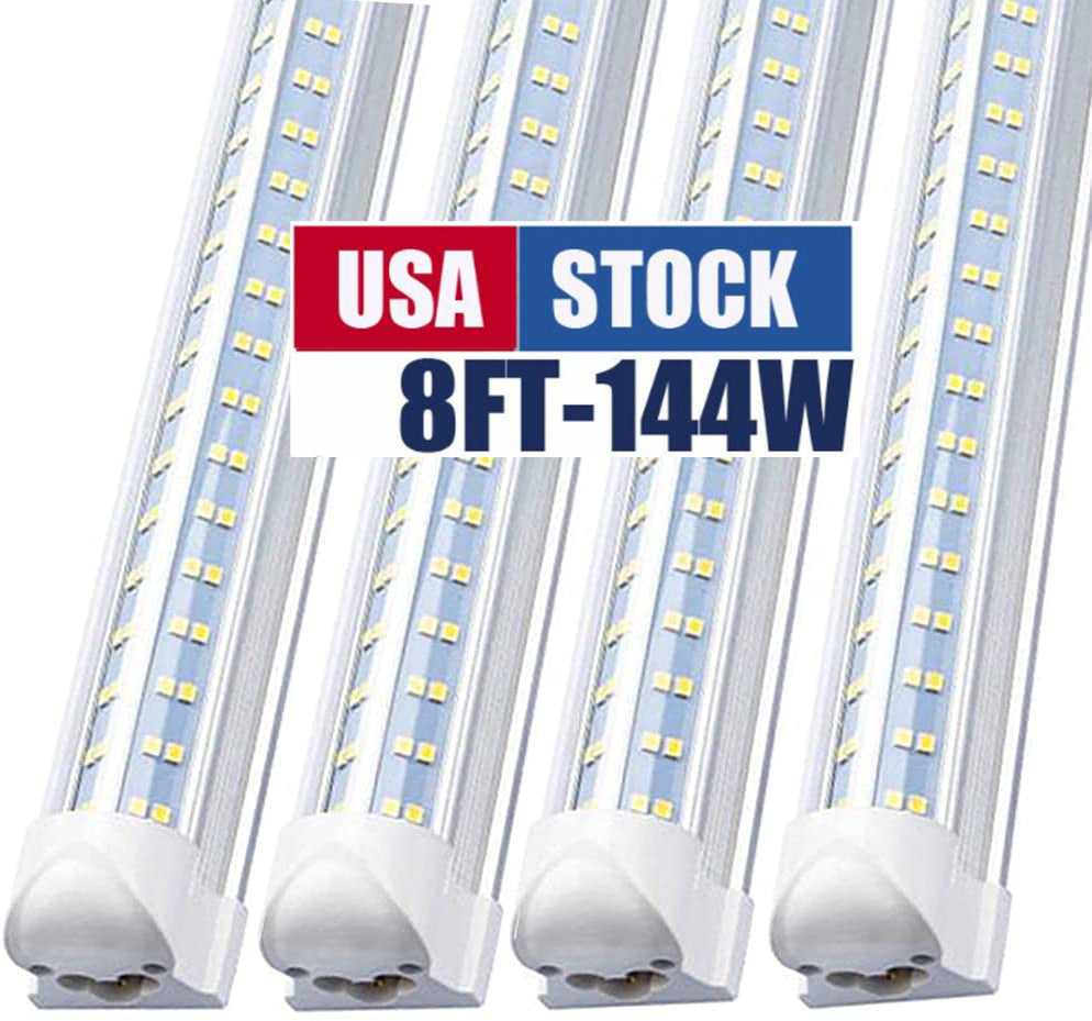 8Ft Led Shop Lights 8 feet Cooler Door Freezer LEDS Tubes Lighting Fixture 4 Row 144W 14400 lm V Shape Fluorescent Clear Cover Linkable Surface Moun