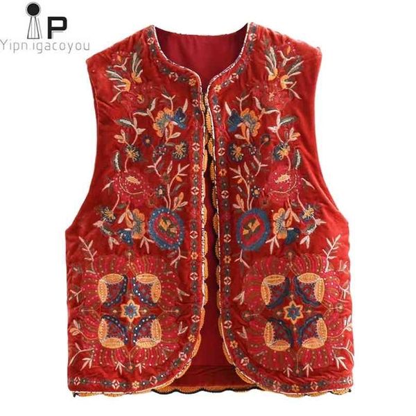 Vintage autumn Floral Embroidery Sequins Velvet women vest Fashion sleeveless cardigan Ladies Outerwear Casual Waistcoat 210819