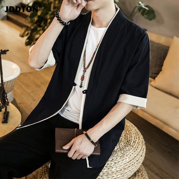 Men&#039;s Jackets JDDTON Summer Linen Kimono Long Cardigan Outerwear Coats Fashion Streetwear Short Loose Male Casual Overcoat JE691
